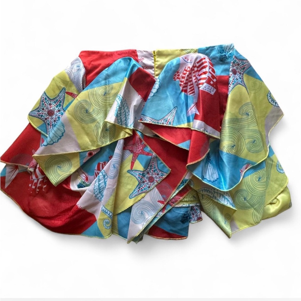 Colorful Ruffled Mini Skirt - Red, Turquoise & Yellow Shell Print - Picture 3 of 6